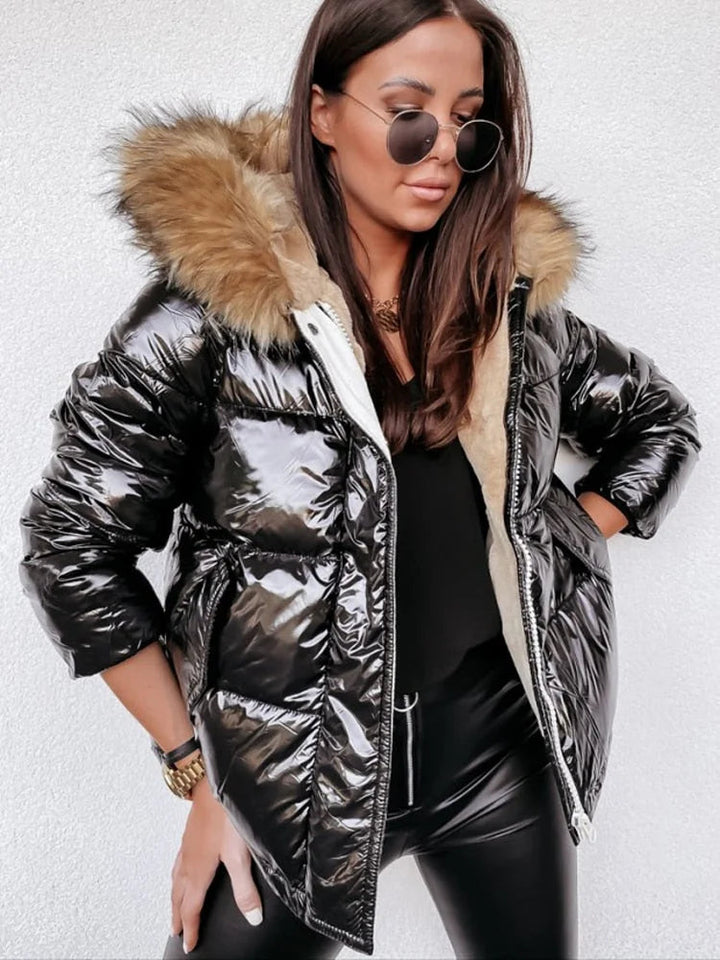 Dam Metallic Pufferjacka med Huva och Fur Krage