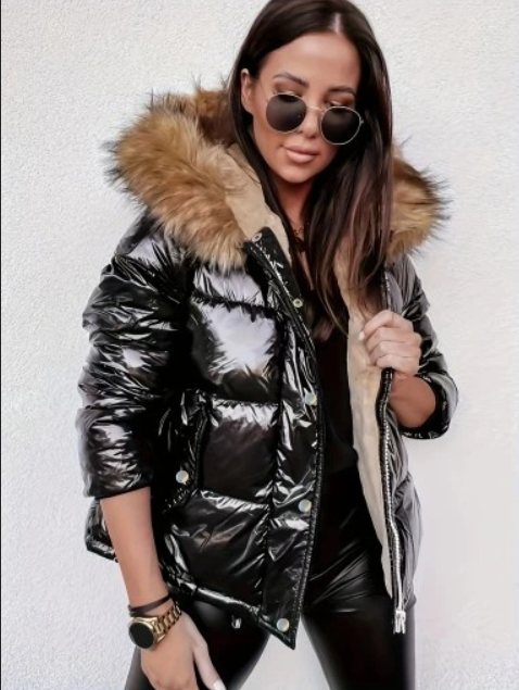Dam Metallic Pufferjacka med Huva och Fur Krage