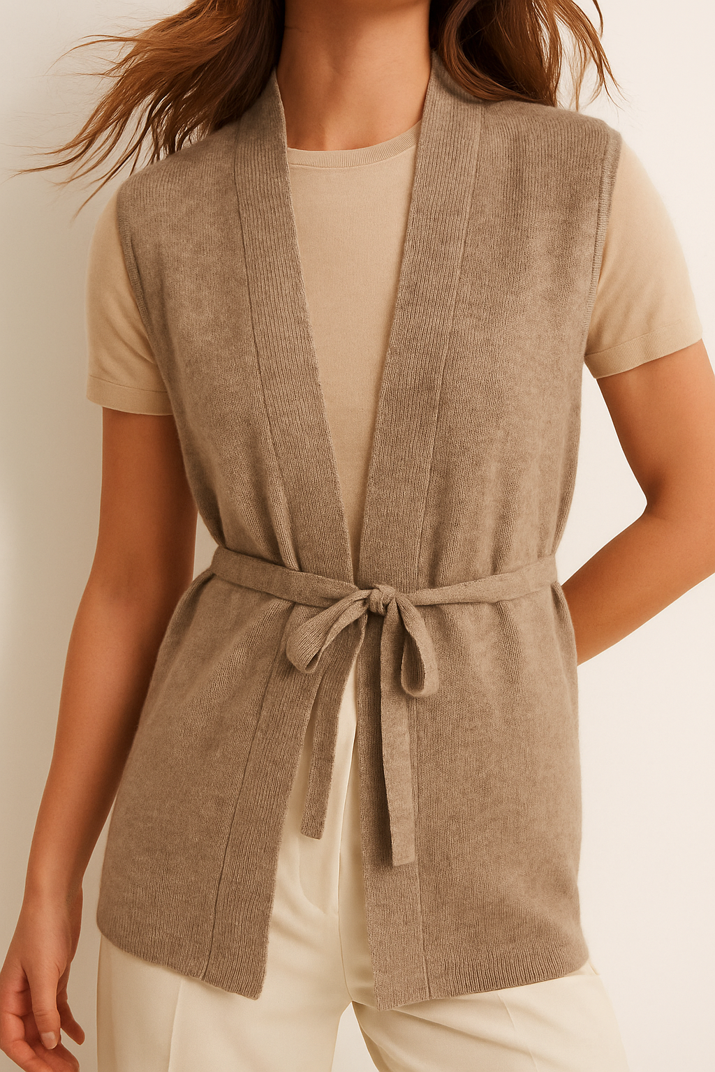 | Dam Cashmere väst Utan Ärmar med Tie Belt