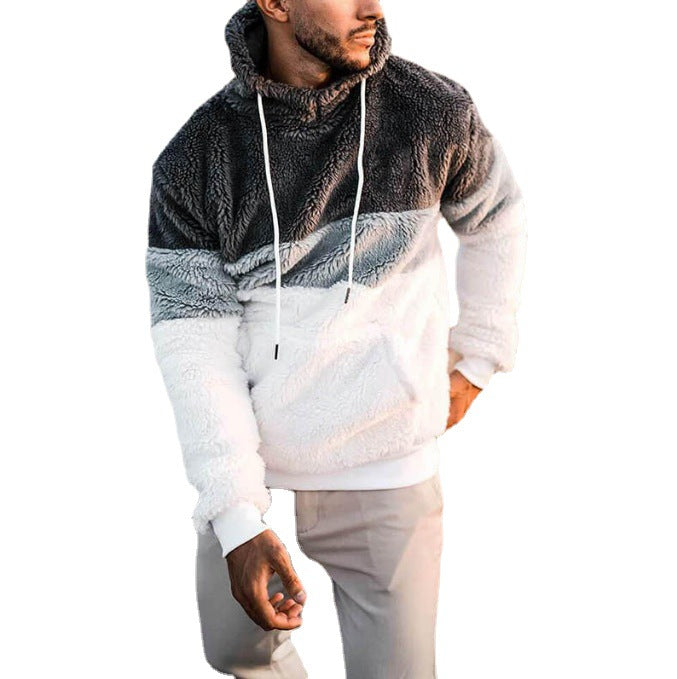 Herr Färg Block Teddy Fleece Luvtröja med Känguruficka och Dragsko