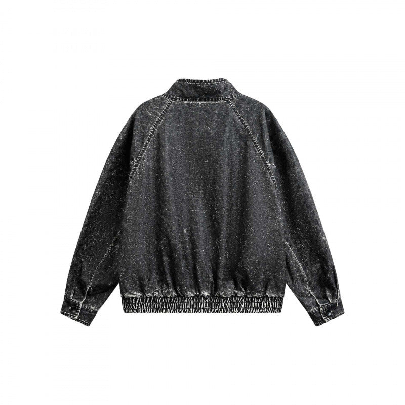 Herr short-cut arbeteer bomberjacka i slitna denim look med ståkrage, dold dragkedja, och elastisk fåll