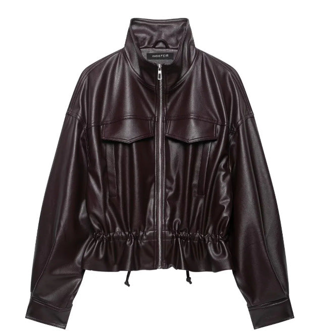 Dam Kort Faux Läder Blouson med Stå Krage, Lock Fickor och Drawstring Waist