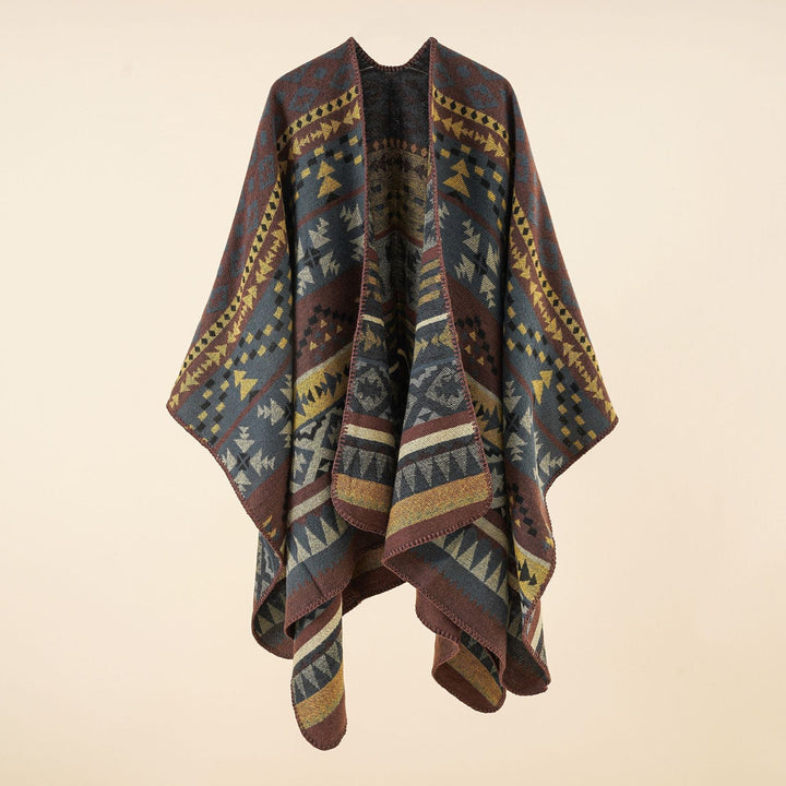 Dam coarse woven ethnic poncho med fringes