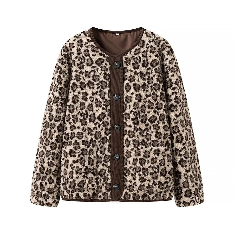 Dam teddy jacka med leopardprint button closure och manchester kant