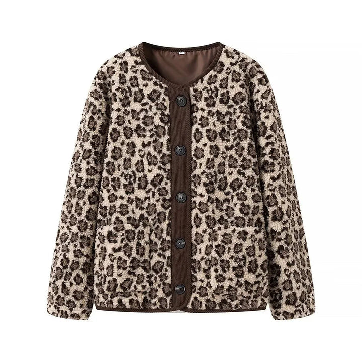 Dam teddy jacka med leopardprint button closure och manchester kant