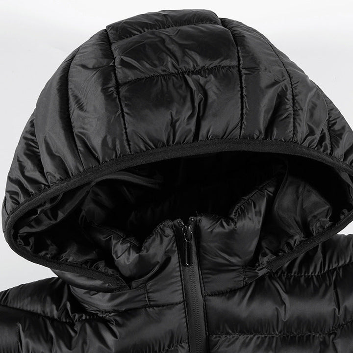Herr ultralight quiltad ner jacka med huva, vindresistent ytterskal och packing function