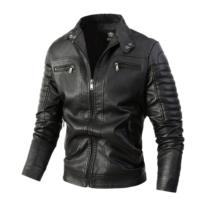 Herr Biker Jacka Tillverkad av Syntetiskt Läder med Quiltad Ärm Vaddering, Ståkrage och Flera Fickor.