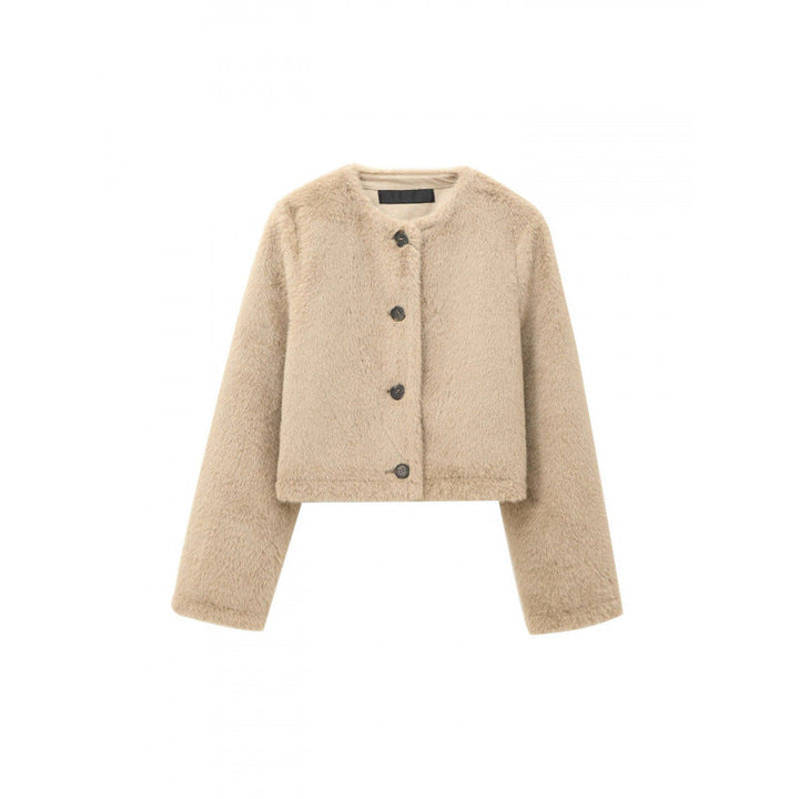 Dam kort teddy jacka med Straight fåll, Round Neck och Horn knapp stängning