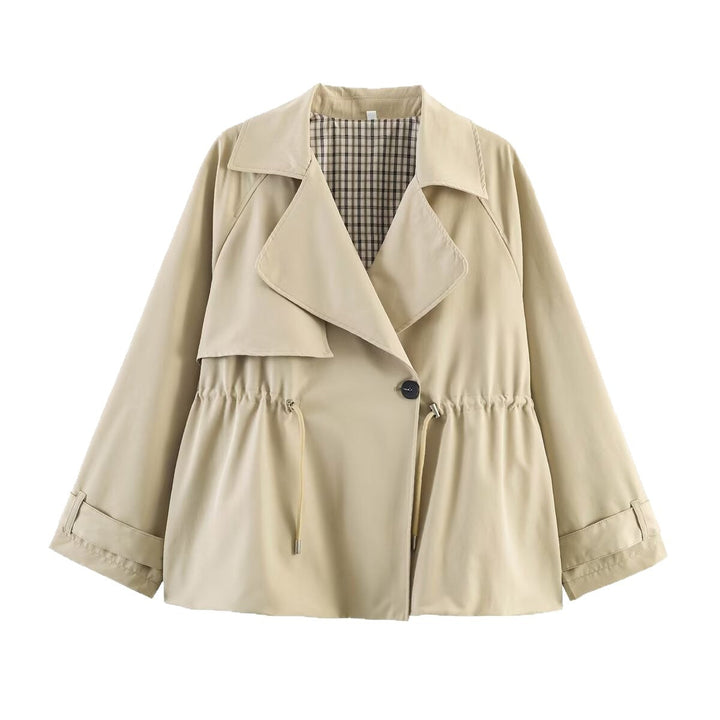 Dam Kort Övergångsjacka med Drawstring Waist, Wide Lapel och Checked Foder