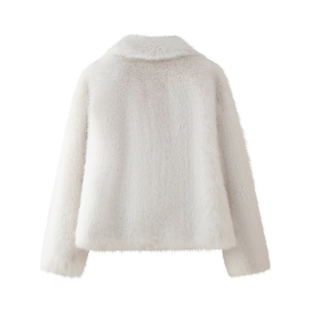 Dam kort-skärning faux pälsjacka med voluminous sjalkrage och boxy silhuett