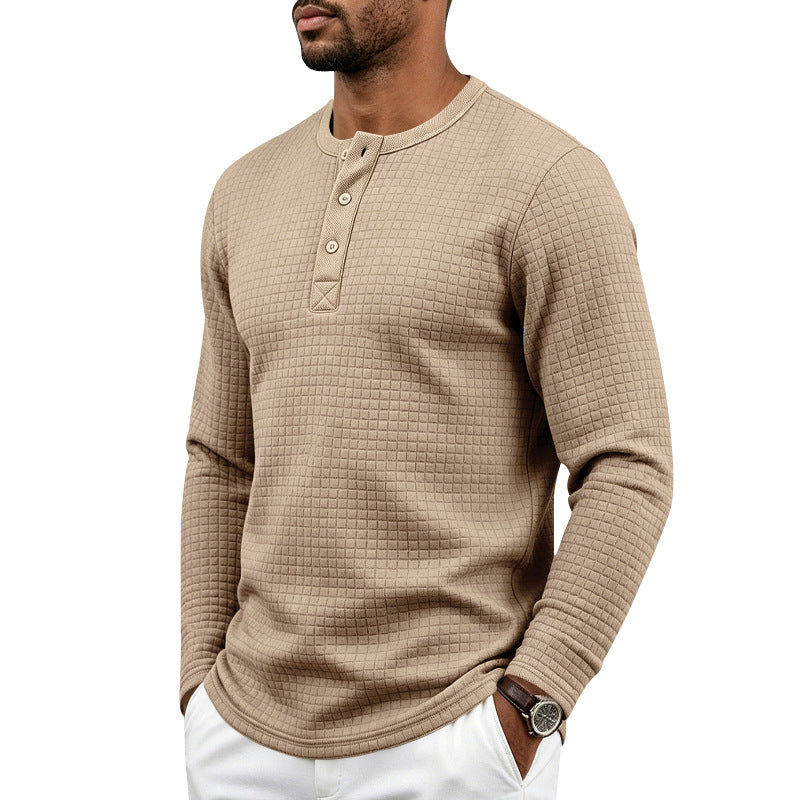 Herr Strukturerad Waffle Termisk Skjorta med Henley Knapplist och Rounded Fåll