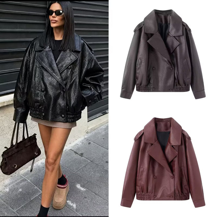 Dam oversize konstläder jacka med stor Lapels, Double-Breasted Snap Placket och Elastic fåll