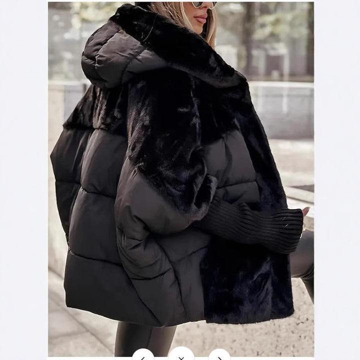 Dam oversized quiltad vinterjacka med faux fur panels, huva och integrerad ribbed ärm detaljer