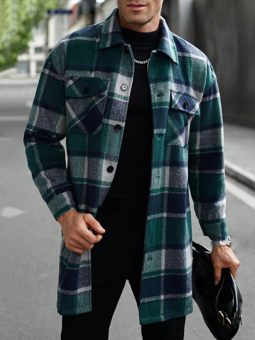 Herr rutig longline overshirt med patch bröstfickor och knäppslå