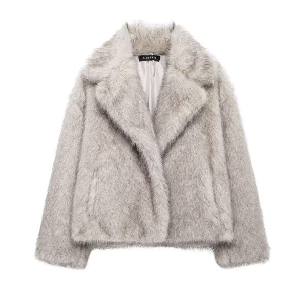 Dam 100+ Kort Faux Fur Jacka med Lapel Krage, Mjuk Teddy Fur och Dold Tryckknapp Knapp Knäppning