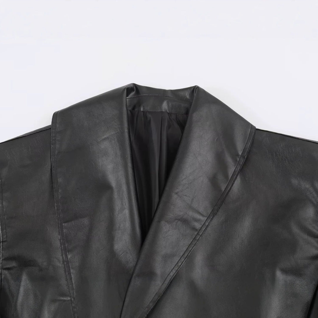 Dam Kort Oversized Konstläder Jacka med Bred Sjalrakrage och Bälte