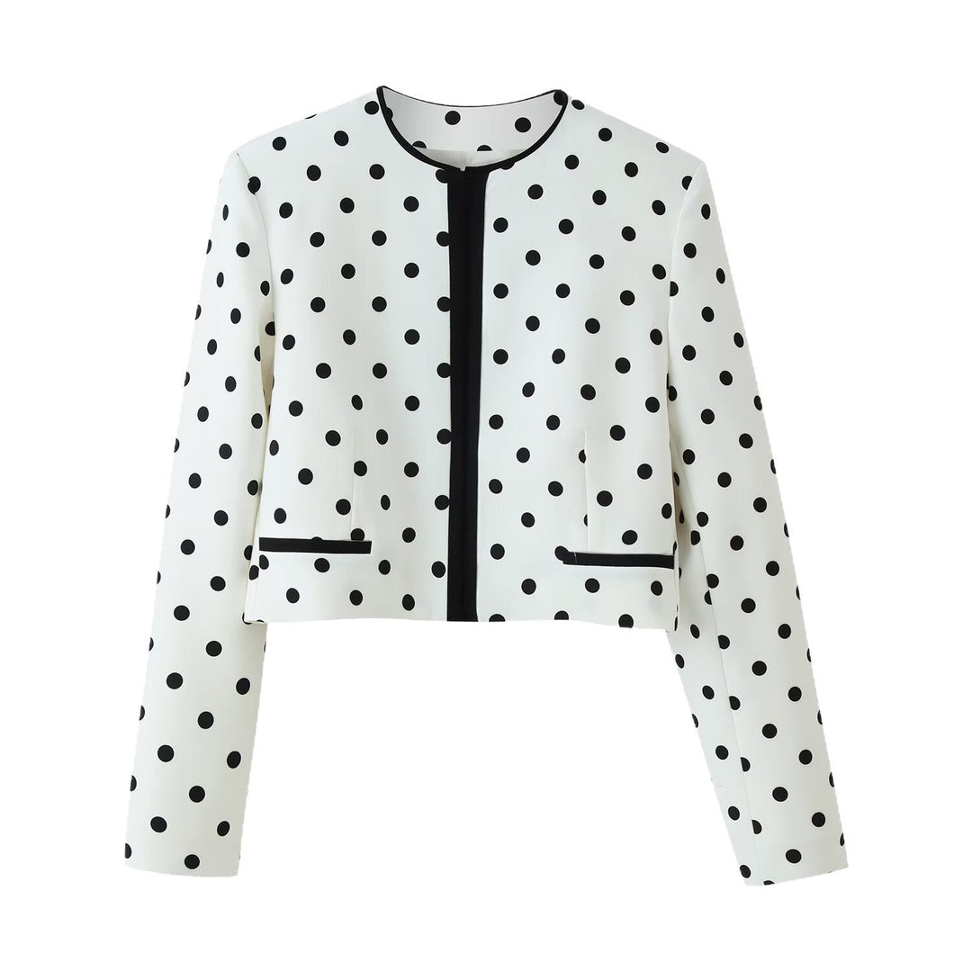 Dam Kort Övergångsjacka i Prickig Prick Design med Round Neckline och Contrasted Kant Processing