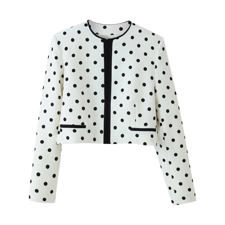Dam Kort Övergångsjacka i Prickig Prick Design med Round Neckline och Contrasted Kant Processing