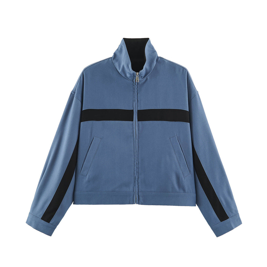Dam Boxig Kort Övergångsjacka med Stå Krage, Contrast Stripes och Patch Fickor