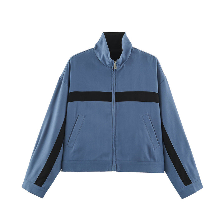 Dam Boxig Kort Övergångsjacka med Stå Krage, Contrast Stripes och Patch Fickor