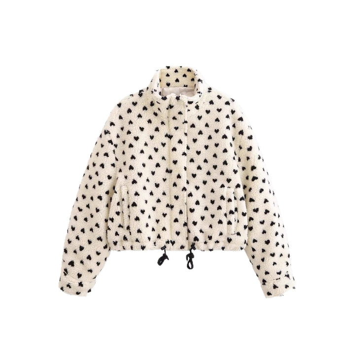 Dam Kort Teddy Jacka Tillverkad av Sherpa Fleece med Heart Tryck och Drawstring