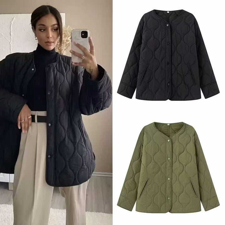 Dam Lightly kviltad oversize jacka med Round Neck, Snap knappslå och sidofickor
