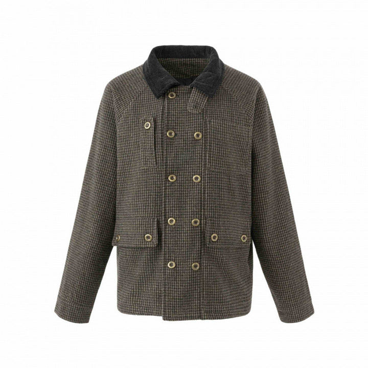 Herr Double-Breasted Ull Mix fältjacka i Houndstooth med Manchester Krage och fickor med lock