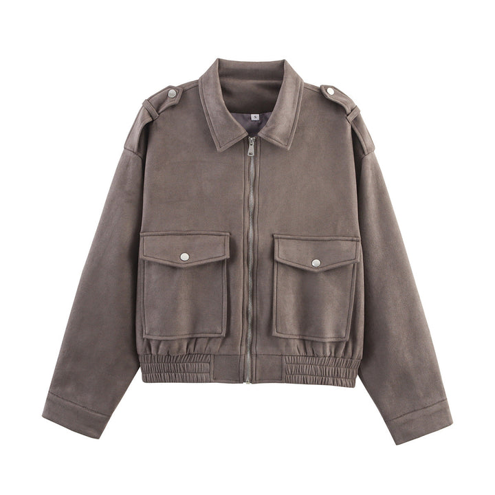 Dam 90+ Kort Suede-Look Blouson Jacka med Lock Fickor, Dragkedja och Epaulettes