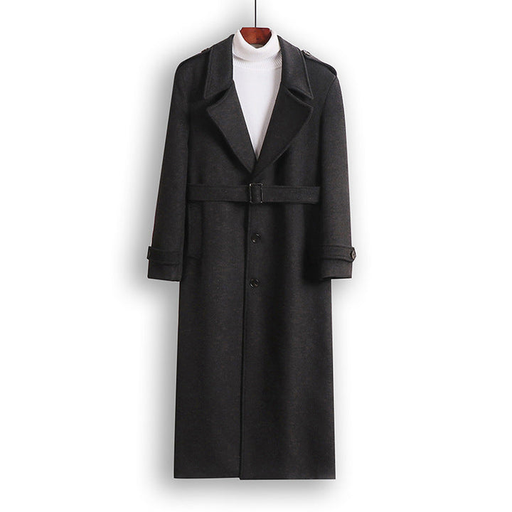 Herr Maxi-Length Ullblandning Overcoat med Boxig Siluett, Sjalkrage Krage och Dekorativa Axelklaffar