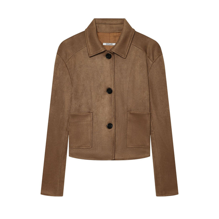 Dam Tailored Kort Blouson Tillverkad av Suede Imitation med Skjort Krage och Patch Fickor
