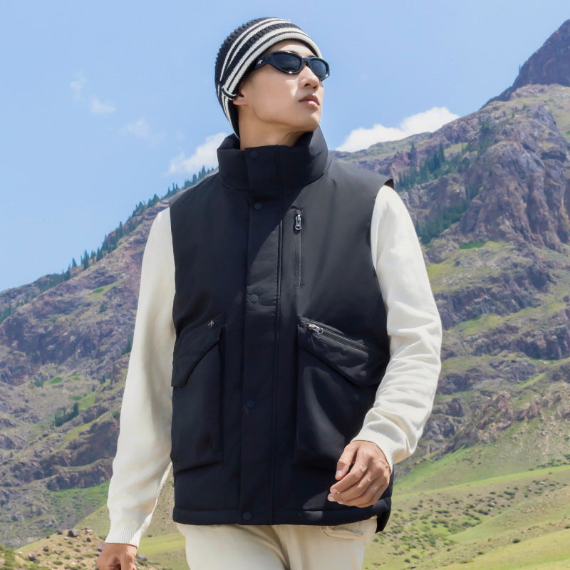 Herr Quiltad Väst med Hög Stående Krage och Multifunctional Zip Fickor