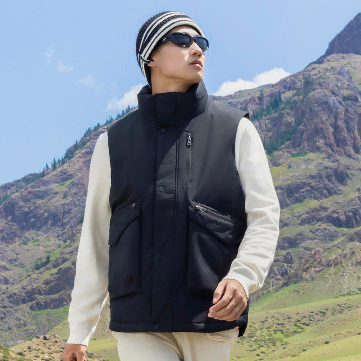 Herr Quiltad Väst med Hög Stående Krage och Multifunctional Zip Fickor