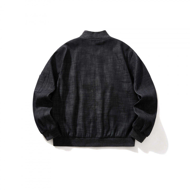 Herr cropped boxig denim bomberjacka med dragkedja, insats fickor, och ärm dragkedja