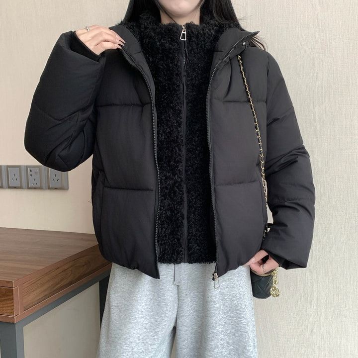 Dam kort vadderad double jacka med detachable teddy inner foder och hög ståkrage