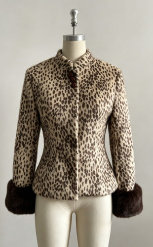 Dam skräddad kort jacka med Leopard tryck och Faux Fur muddar