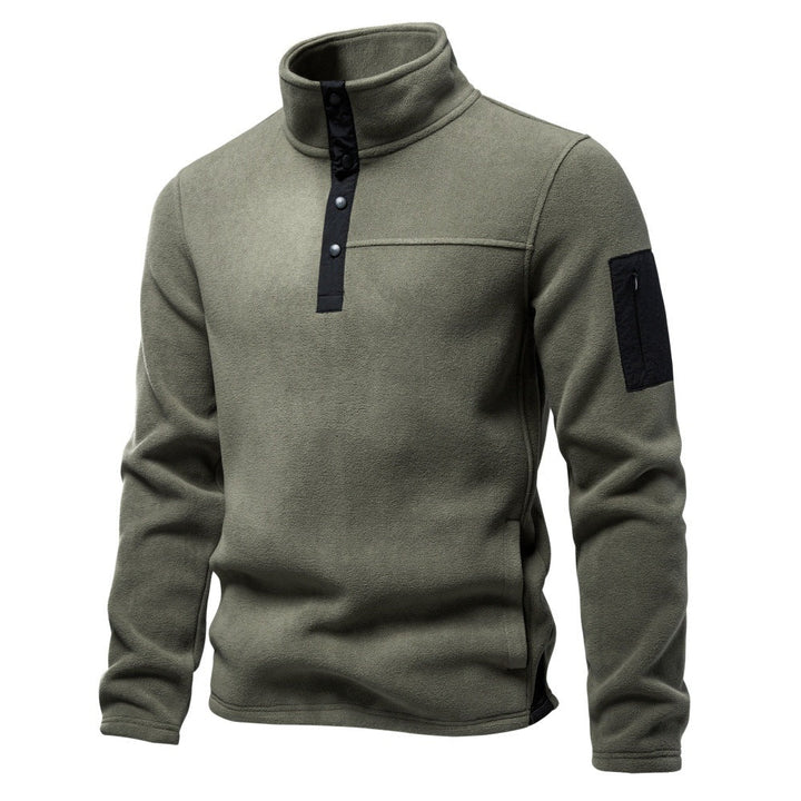 Herr Fleece Pullover med Ståkrage, Tryckknappsslå, och Ärmficka