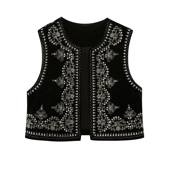 Dam Embroidered Velvet Kort Väst med Bead och Sequin Kant