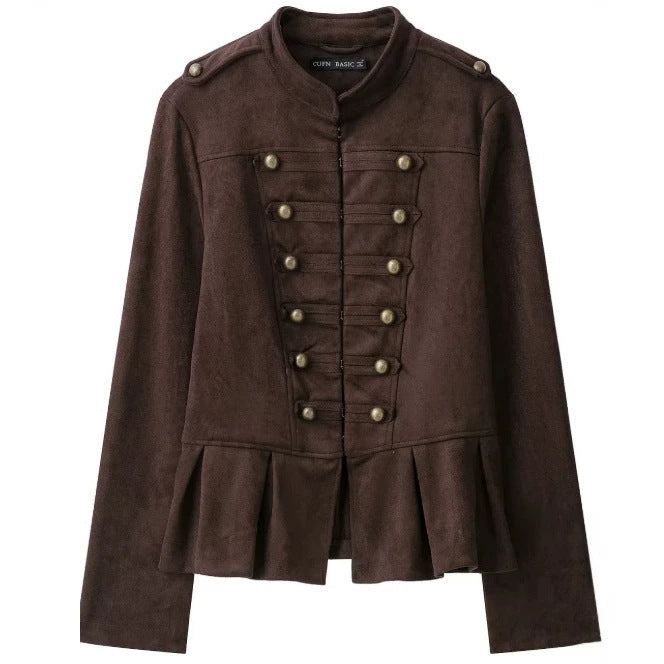 Dam Military Jacka Tillverkad av Suede Imitation med Stå Krage och Flounce
