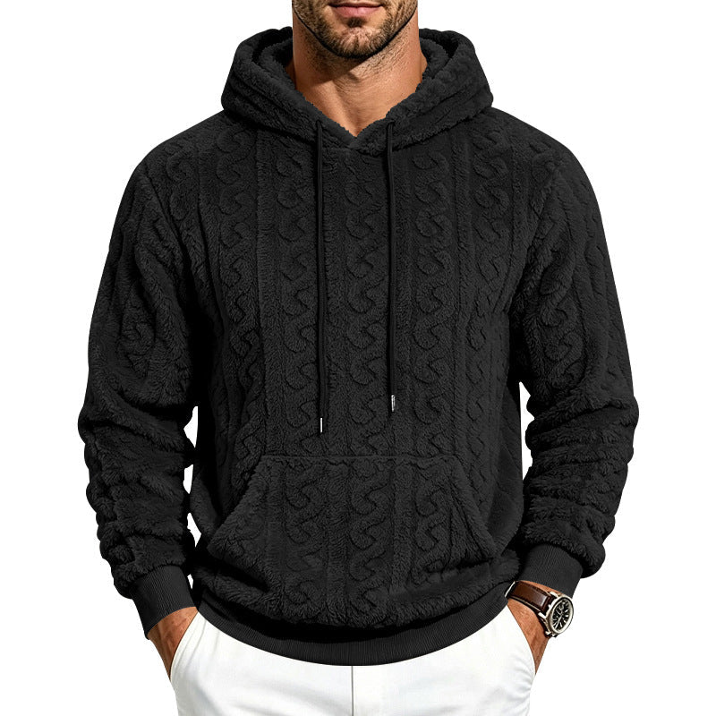 Herr Teddy Fleece Pullover med Cable Mönster, Huva och Känguruficka