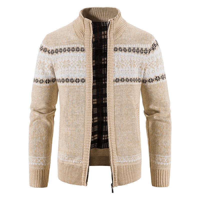 Herr Norwegian Knit Zip Jacka med Stående Krage, Warming Fleecefoder, och Dragkedja
