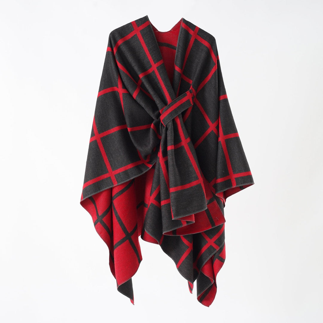 Dam Oversize ullblandning poncho med bälte och Check mönster