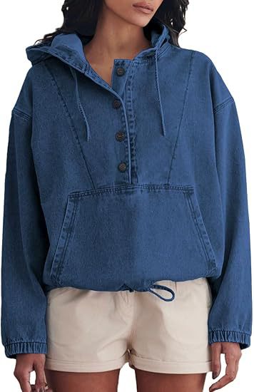 Dam jeans Half jacka med huva, Kangaroo ficka och dragsko