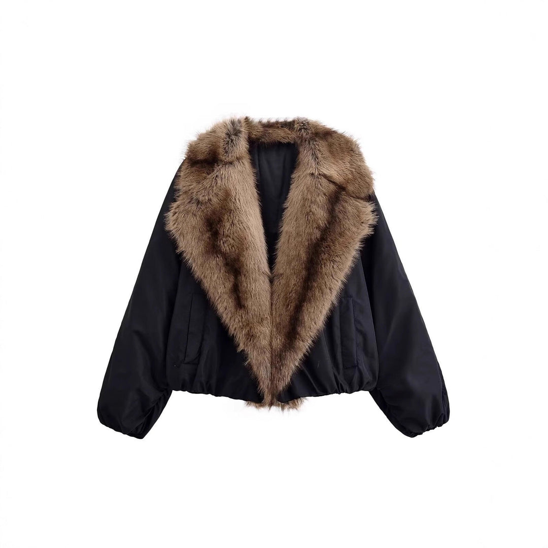 Dam Kort Quiltad Bomber Jacka med Voluminous Konstpäls Sjalrakrage
