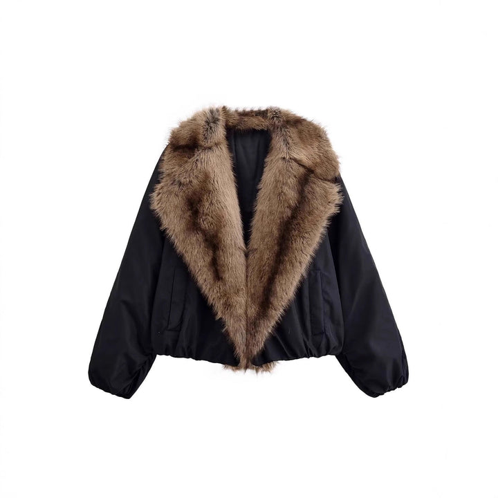Dam Kort Quiltad Bomber Jacka med Voluminous Konstpäls Sjalrakrage