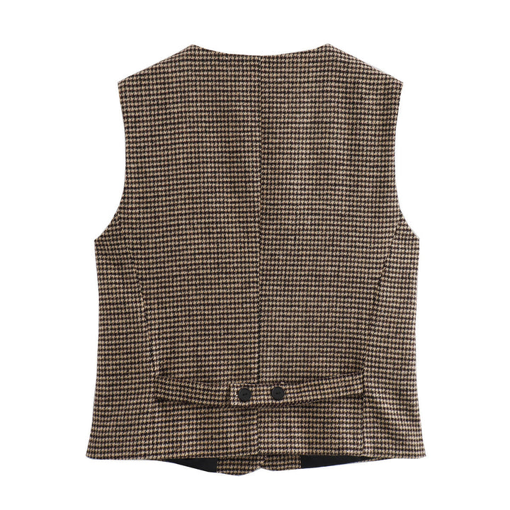 Dam figursydd houndstooth väst med V-neck och knäppning