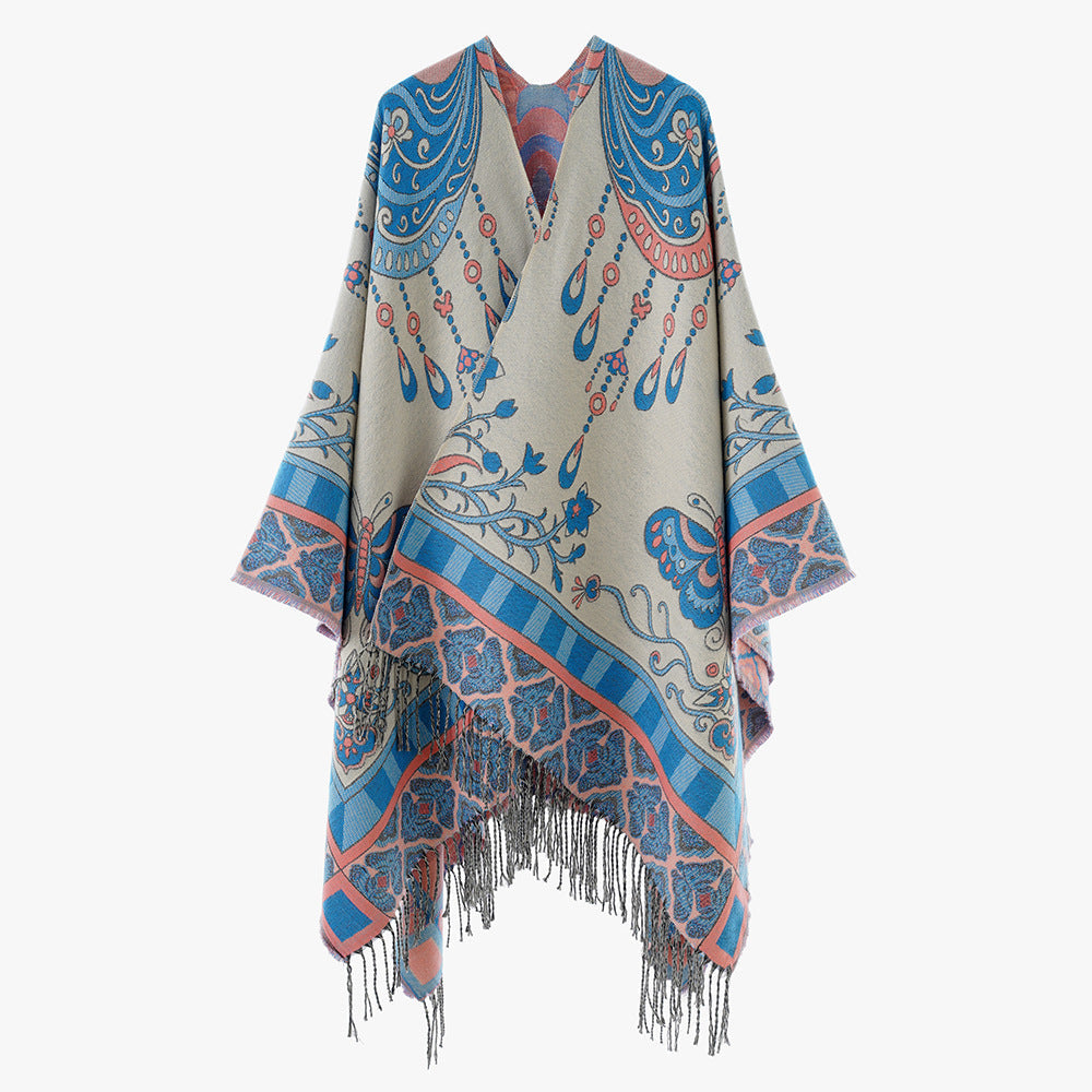Dam Woven kimono poncho med Ornamental Jacquard, V-Neck och fransfåll