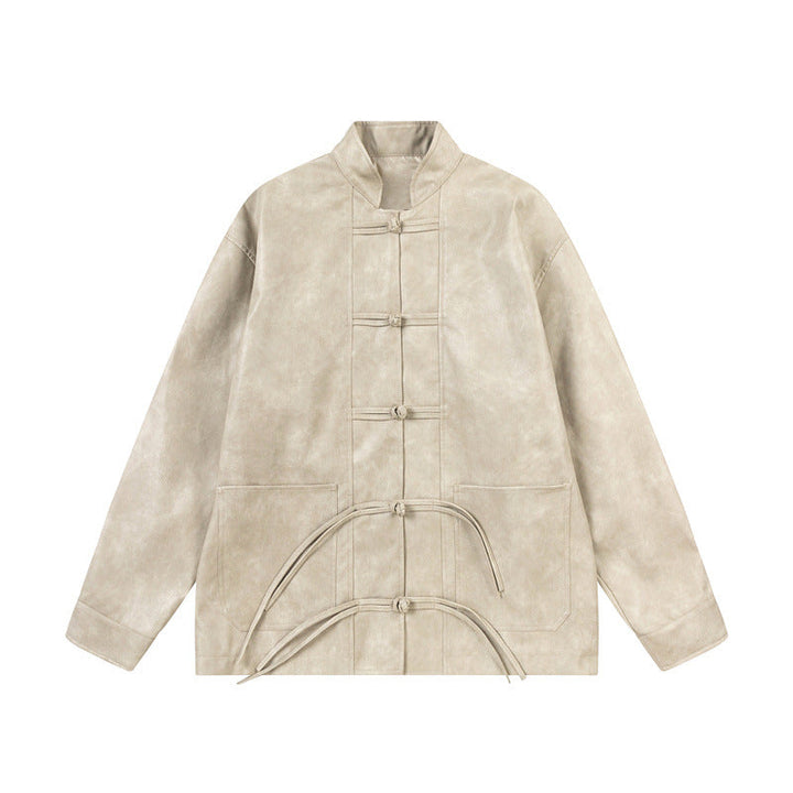Unisex Asian Inspired Oversized Jacka med Mandarinkrage och Knot Stängningar