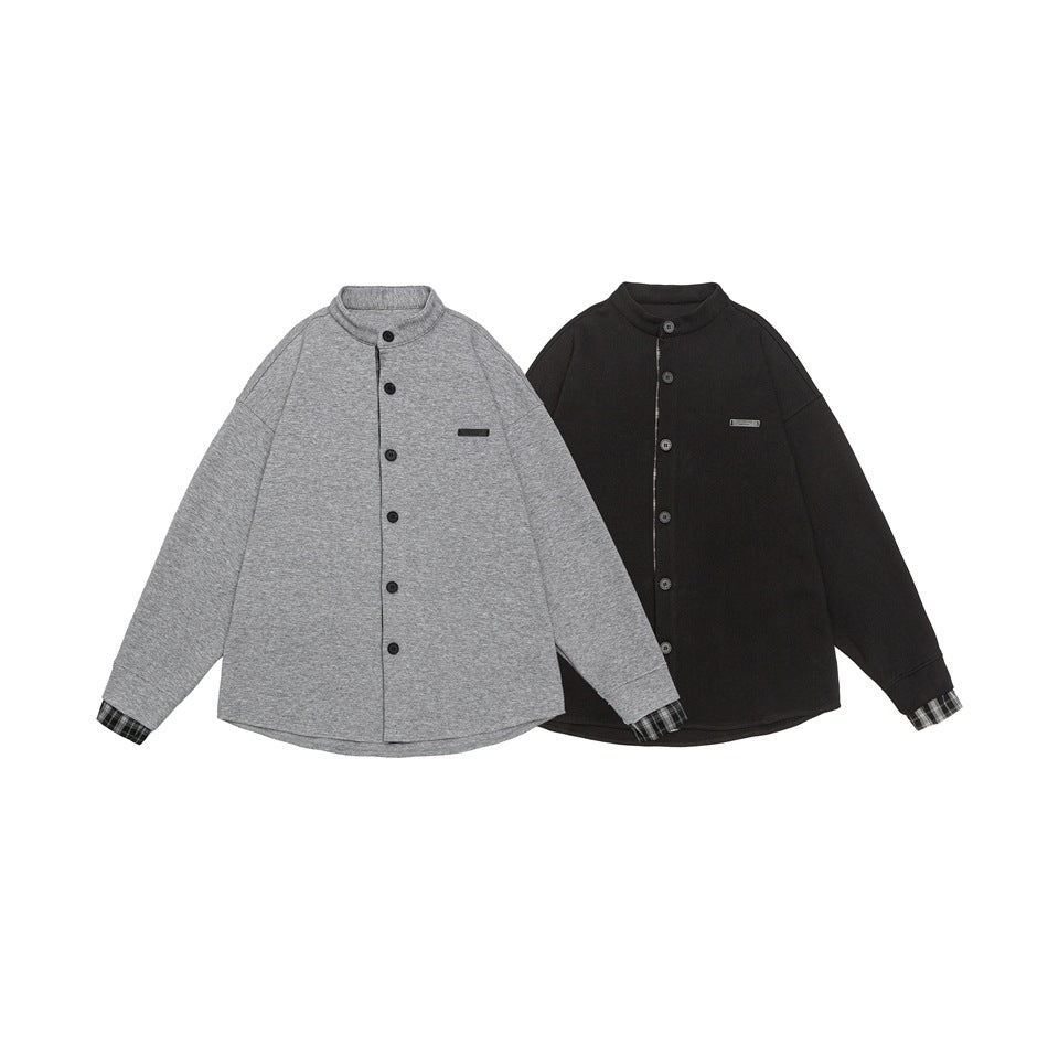 Unisex Oversized Skjorta Jacka i Sweat Overlay med Ståkrage och Rutig Inner Cuff