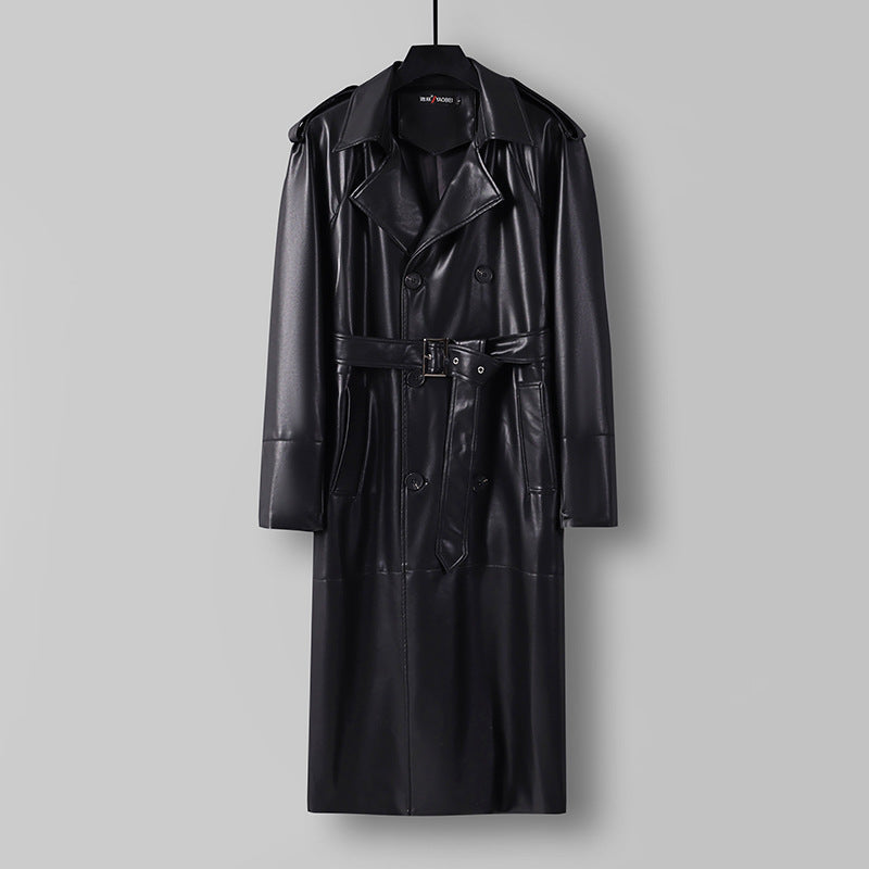 Herr Lång Läderimitation Trench Kappa med Dubbel Breasted, Belted Midja och Axelklaffar