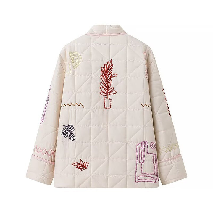 Dam vadderad kimono jacka med decorative embroidery, öppen front och påsydda fickor